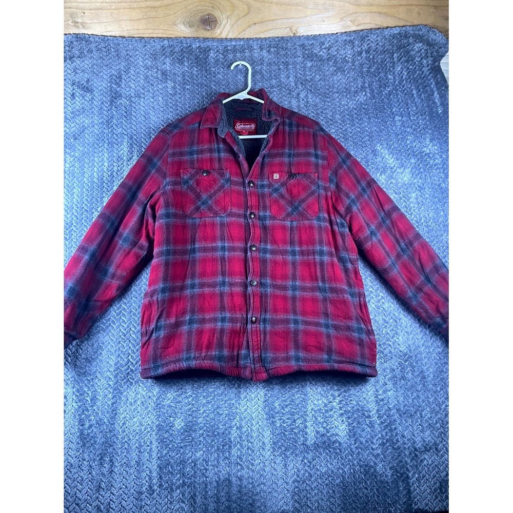 Coleman Mens Medium Red Black Plaid Sherpa Lined Flannel Jacket Outdoor Coat